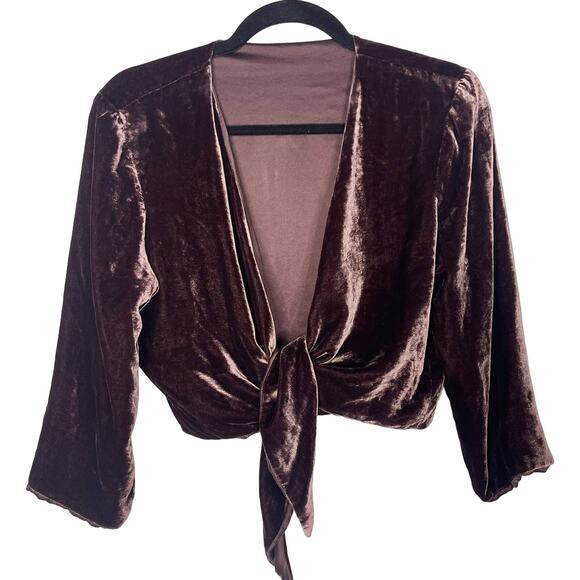 Boutique Small Dark Brown Velvet Tie Front Deep V Neck 3/4 Sleeve Top Open Front - Picture 1 of 8